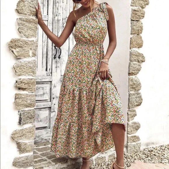Boho tie shoulder A line maxi dress